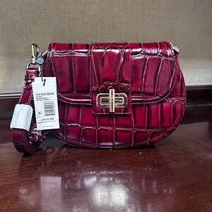 Brahmin Cynthia Merlot Nerina Burgundy Croc Embossed Leather Crossbody Bag
